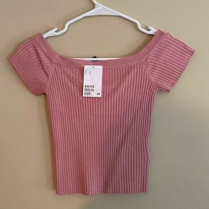 pink off the shoulder short sleeve shirt